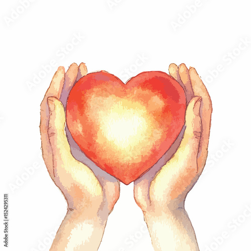 Watercolor Heart Held Gently Within Two Hands Symbolizing Love and Care