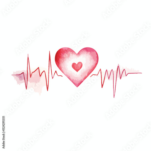 Watercolor Heartbeat Pink Heart with Smaller Heart and Fading Red EKG Line