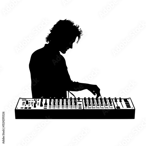 a black and white silhouette of a dj playing an electronic keyboard black, dj, electronic, keyboard, man, music, play, silhouette, sit , Generative art.