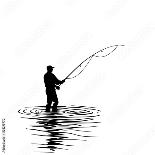 a black and white silhouette of a person standing in the water with a fishing rod black, fish, fisherman, fishing rod, man, person, silhouette, stand, water , Generative art.