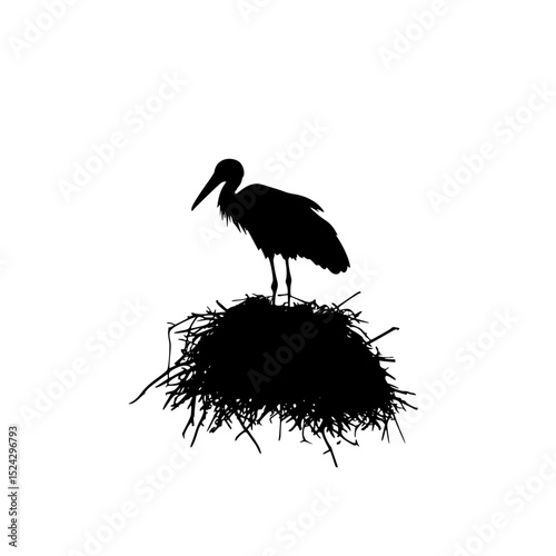 black silhouette of a stork sitting in a nest bird, black, heron, nest, silhouette, sit in, stand, stork , Generative art.