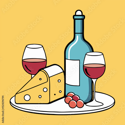 Wine and Cheese Platter: Two Glasses of Red Wine, Cheese Wedge, Grapes