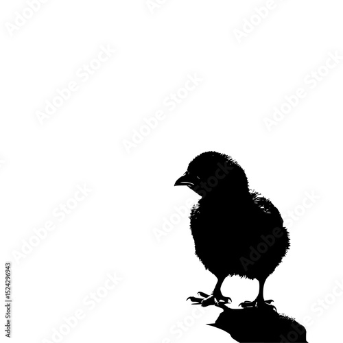 a black and white silhouette of a little chicken perched on a small branch bird, black, branch, chicken, little, perch, rock, silhouette, sit, sit on, small, stand , Generative art.