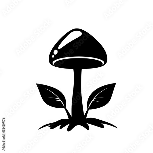 a black and white illustration of a mushroom growing black, grow, icon, illustration, mushroom, plant, silhouette , Generative art.