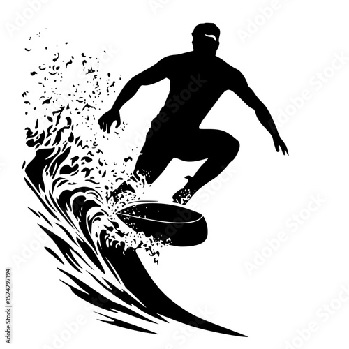 a black silhouette of a man riding a surfboard on a wave black, board, man, ride, silhouette, surf, surfboard, surfer, wave , Generative art.