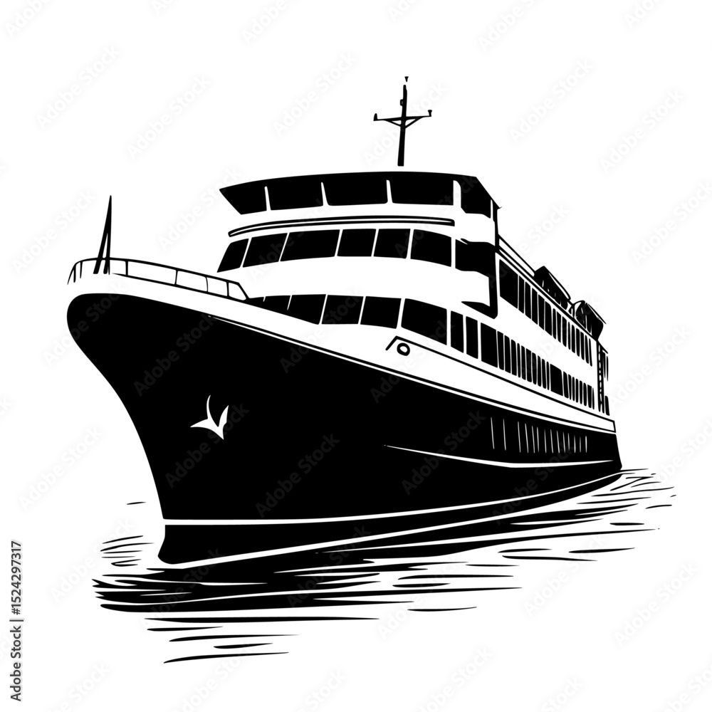 Obraz premium a black and white ferry boat with a cross on it, a large ship on the water black, boat, cross, cruise ship, ferry, ferry boat, large, ship, water , Generative art.