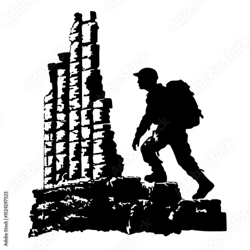 a black and white silhouette of a man with a backpack standing on top of a building backpack, black, building, construction worker, man, silhouette, soldier, stand, walk , Generative art.
