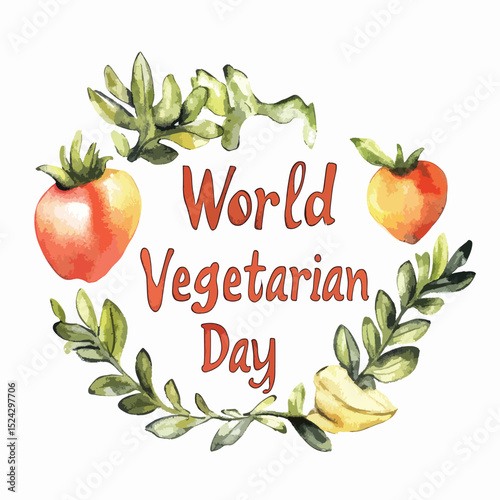Watercolor Illustration Celebrating World Vegetarian Day with Fruits and Foliage