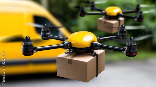 Combat armored drones fly away carrying delivery boxes in a dynamic outdoor scene