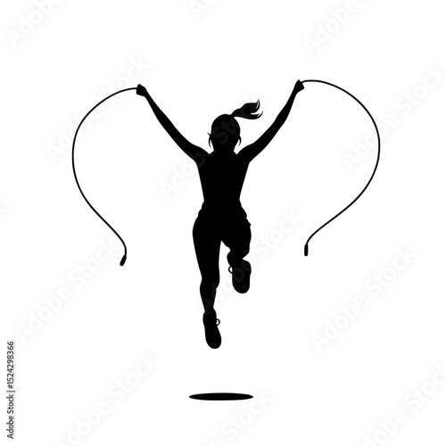 black silhouette of a young woman jumping with a skipping rope black, girl, jump, rope, silhouette, woman, young , Generative art.