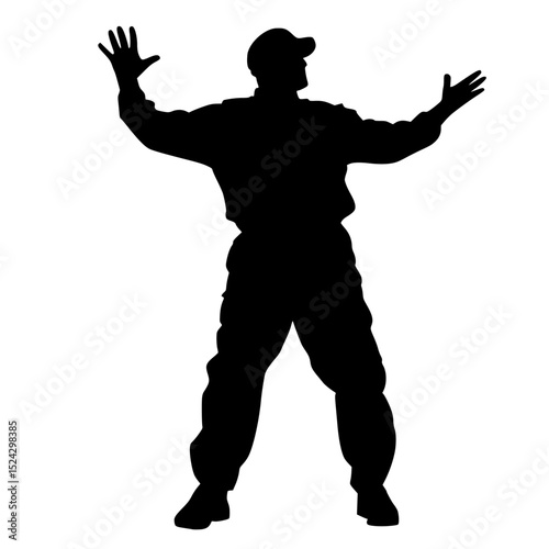 a black and white silhouette of a man standing with his arms outstretched arm, black, hand, man, silhouette, stand, wear , Generative art.