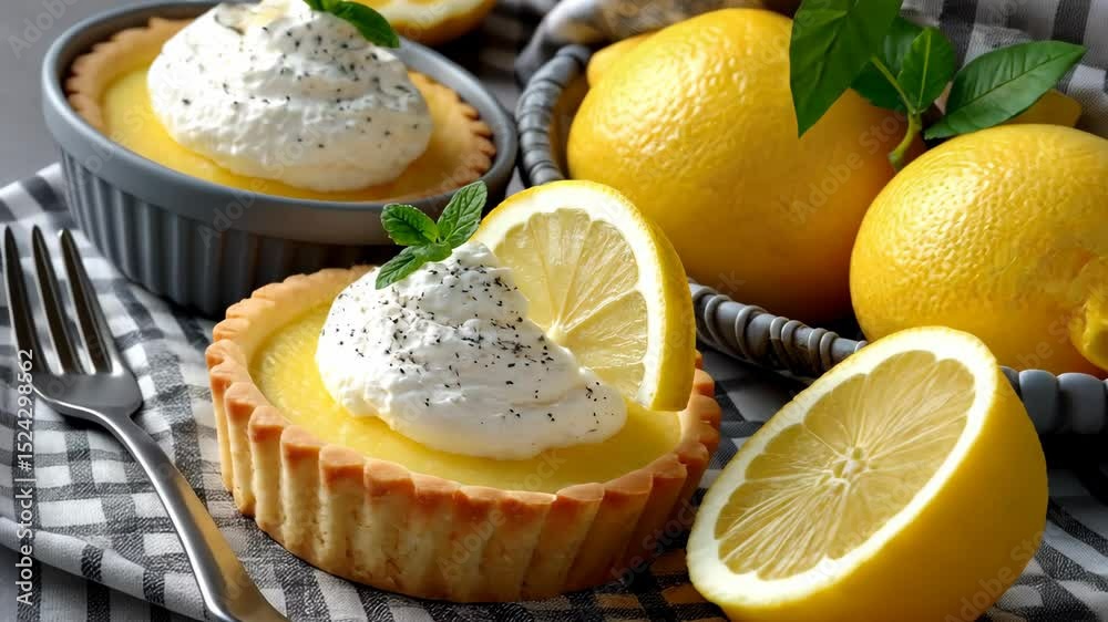 Delicious lemon tart desserts with whipped cream and garnish on a rustic table