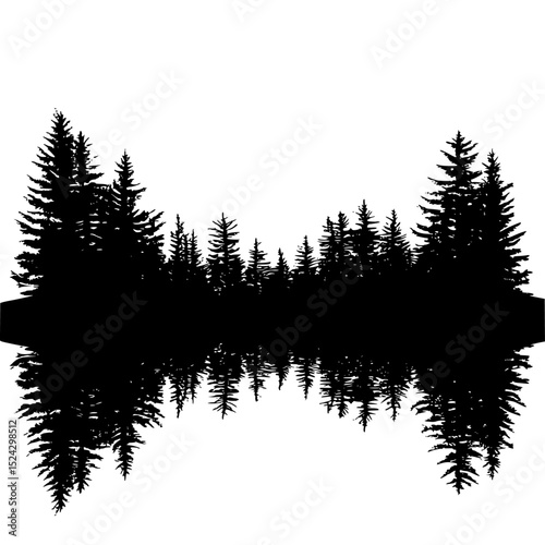 a black and white silhouette of a forest with a house and fir trees on the water black, fir tree, forest, house, lake, reflection, silhouette, tree, water, wood , Generative art.