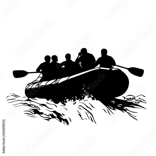 black silhouette of people riding a raft in a river black, boat, canoe, people, raft, ride, river, silhouette, water , Generative art.