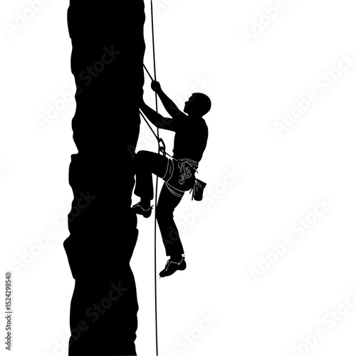 a black and white silhouette of a climber climbing a mountain or cliff with a rope black, cliff, climb, climber, man, mountain, rock, rock climber, rope, silhouette , Generative art.