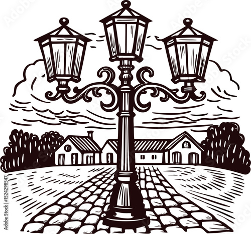 Vintage engraved drawing of ornate street lamp with cobblestone path and rural houses in the background