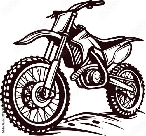 Monochrome illustration of off road dirt bike with detailed tires and rugged frame side view