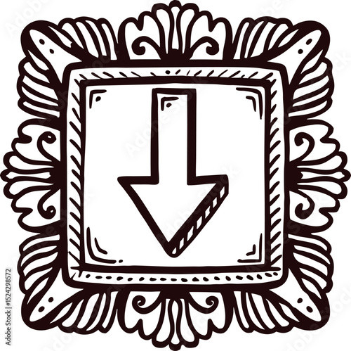 Hand drawn ornate vintage frame with decorative floral elements and downward arrow sketch illustration