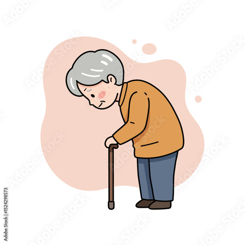 Elderly person with lowered head using cane in simple background  