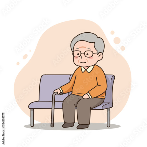 Elderly man sitting with cane in waiting room during daytime  