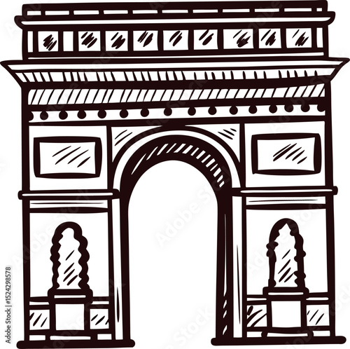 Hand drawn triumphal arch illustration with engraved decorative details and classic architectural elements
