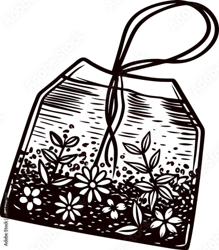 Hand drawn herbal tea bag with flowers and leaves sketch vintage black and white illustration