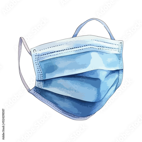 Watercolor Illustration of a Blue Surgical Mask with Ear Loops