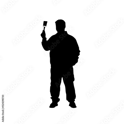 a black silhouette of a man holding a brush black, brush, hand, hold, man, silhouette, stand , Generative art.