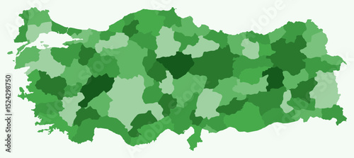 Map of Turkey with regions. Just a simple country border map with region division. Green color palette. Plain Turkey shape with administrative division. Vector illustration.