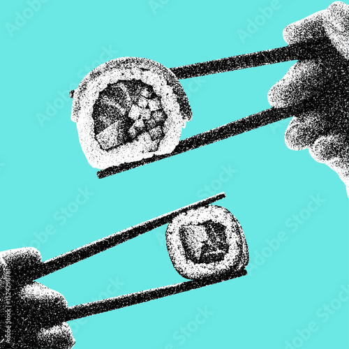 hand holding chopsticks with sushi roll, retro stipple effect, halftone style illustration, banner, poster
