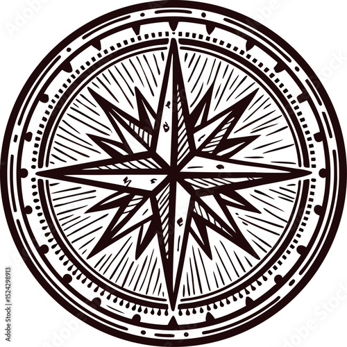 Hand drawn engraved vintage compass rose icon with detailed lines and geometric ornamental nautical design