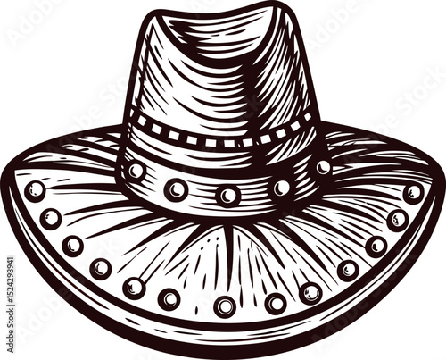 Vintage hand drawn wide brimmed sombrero hat with decorative details in sketch illustration