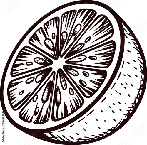 Hand drawn illustration of citrus orange fruit half with detailed segments and textured rind