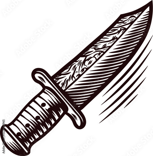 Hand drawn vintage hunting knife with decorated blade and textured handle, dynamic engraving illustration