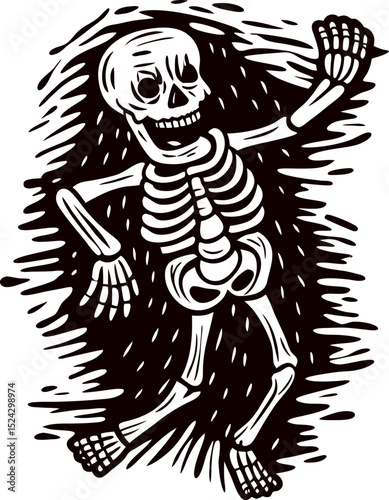Hand drawn human skeleton illustration lying down with smiling skull and scattered bones, vintage engraving