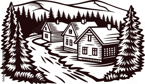 Rustic log cabins nestled among pine trees in mountainous landscape, vintage hand drawn countryside scene