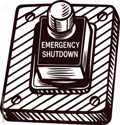 Hand drawn emergency shutdown button sketch vintage safety control switch isolated on white background