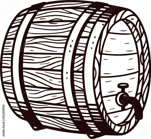 Vintage wood barrel with tap, detailed hand drawn oak cask illustration, traditional rustic engraved art