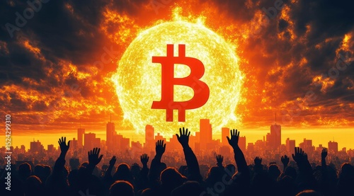 City skyline under bright sun with silhouettes and raised hands