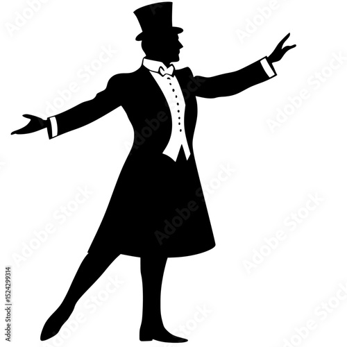 a black and white silhouette of a man dressed in a tuxedo wearing a top hat and coat arm, black, coat, dress, hat, illustration, man, silhouette, stand, suit, tuxedo, wear , Generative art.