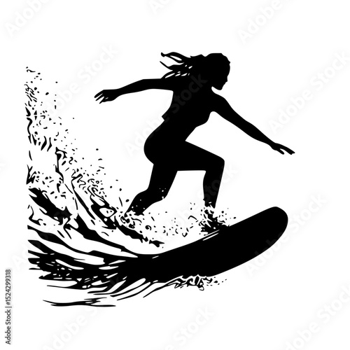 black silhouette of a woman surfing on a board on a wave black, board, girl, ride, silhouette, surf, surfboard, surfer, wave, woman , Generative art.