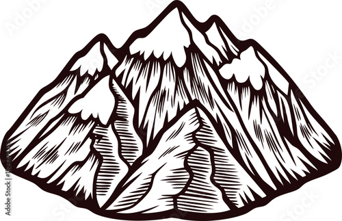 Hand drawn rugged mountain range with sharp peaks and engraved textures isolated on white background