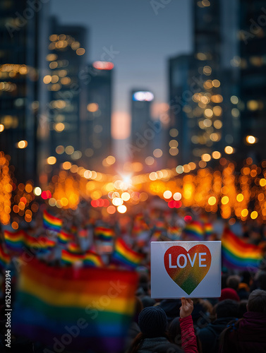 Pride Parade: A vibrant scene of a pride parade, with a sea of rainbow flags and a sign proclaiming love, amidst a cityscape at dusk, symbolizing unity and acceptance.