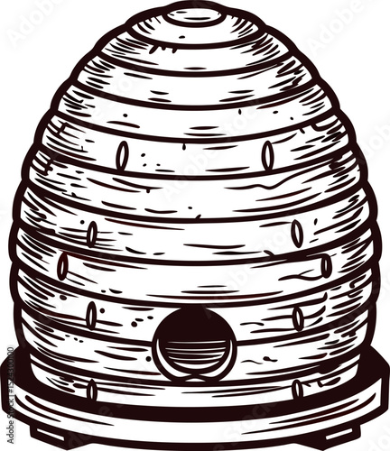 Hand drawn vintage beehive sketch isolated on white background, detailed monochrome illustration