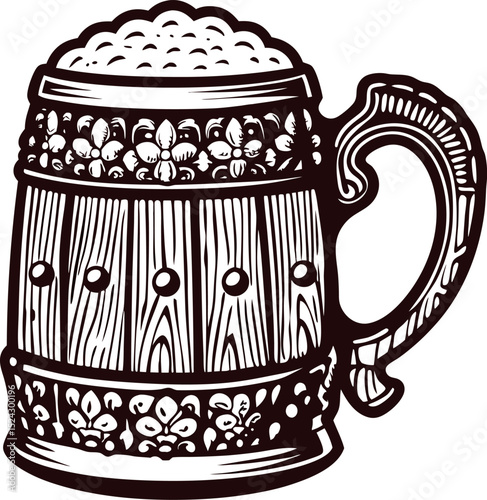Vintage engraved wooden beer mug with ornamental floral carving and frothy foam illustration