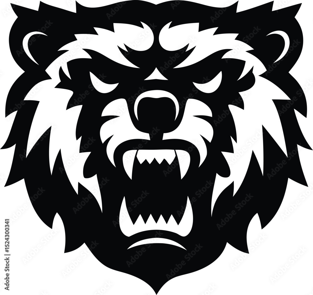 Fototapeta premium Ferocious Bear Head Vector Illustration in Black and White Style