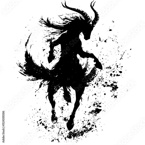 black silhouette of a horse with horns art, black, horn, horse, ride, silhouette , Generative art.