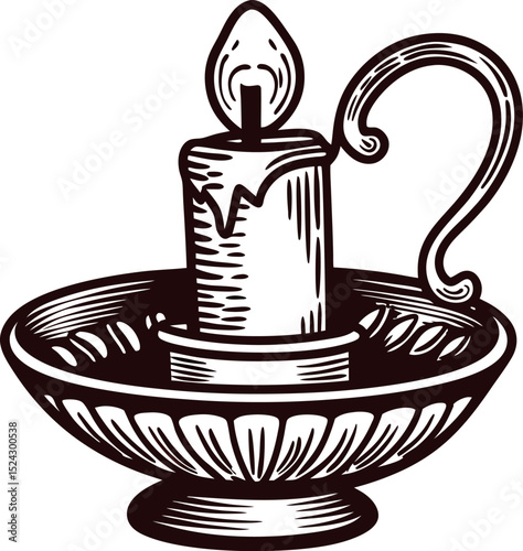 Hand drawn antique candle in holder with melting wax and flame, vintage engraved illustration