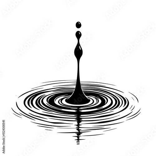 a drop of black liquid splashing into a pool of concentric circles black, circle, drop, liquid, pond, pool, ring, ripple, water , Generative art.