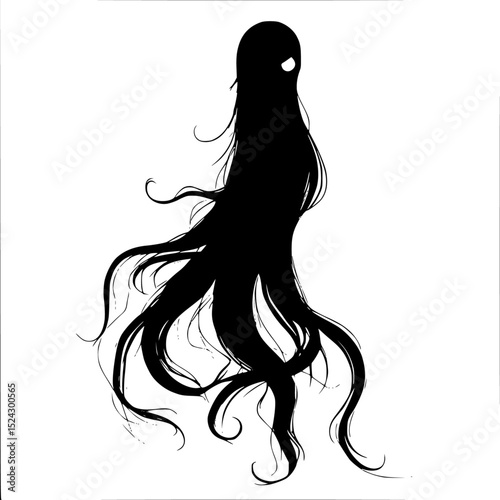 black silhouette of a girl with long hair black, girl, hair, long, silhouette, wind, woman , Generative art.